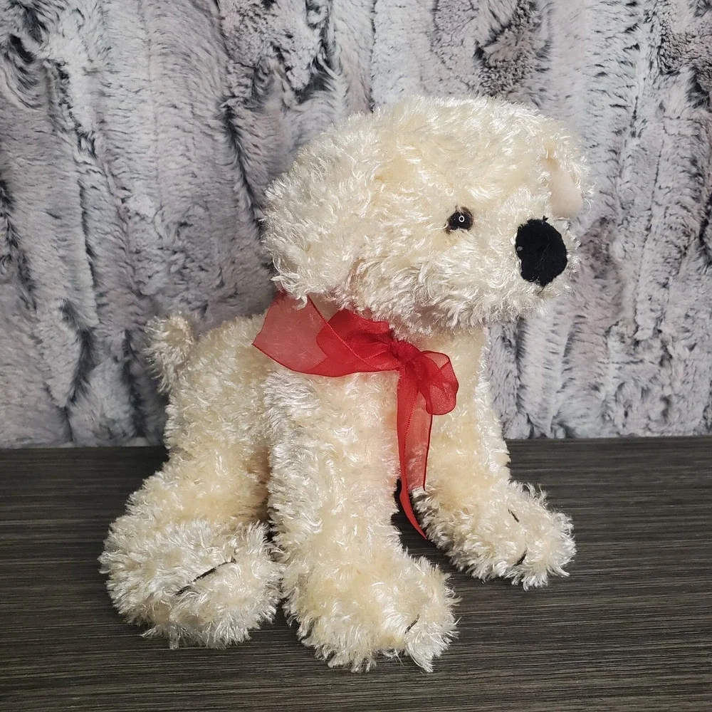 Snuggie Toy Light Brown Tan Puppy Dog Plush Stuffed Animal Red Sheer Bow